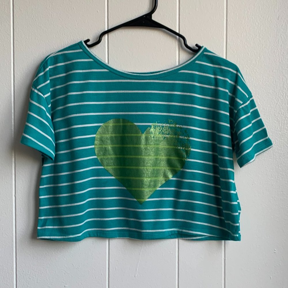 Rue21 Flowy Turquoise Crop Top with White Stripes & Front Heart Decal